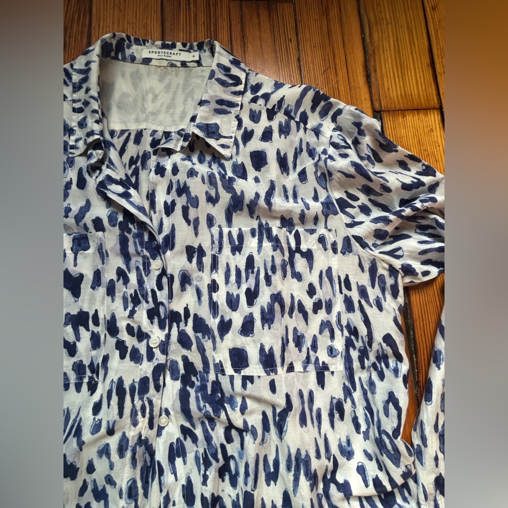 SILK • Blue and White Leopard Print Blouse - Picture 3 of 7